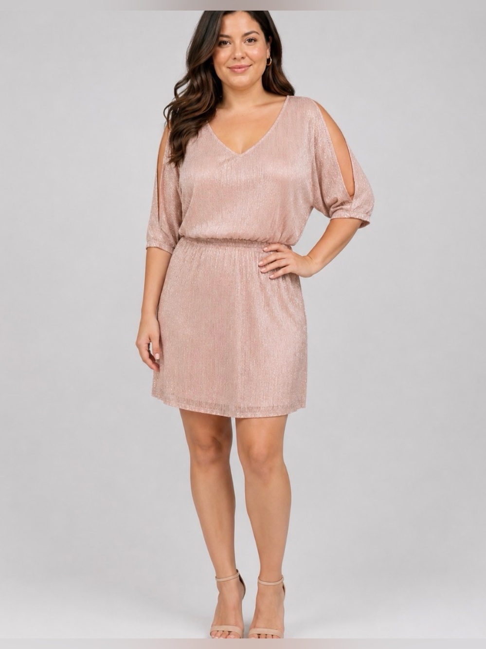 MSK Rose Gold Metallic Split Cold-Shoulder V-Neck Party Dress